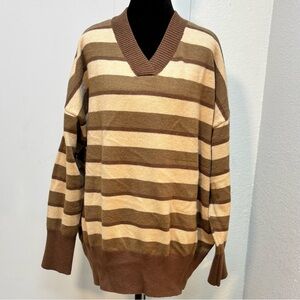 DAZY Oversized Striped V-Neck Sweater Brown Tan Academic Grandpacore L Retro 70s